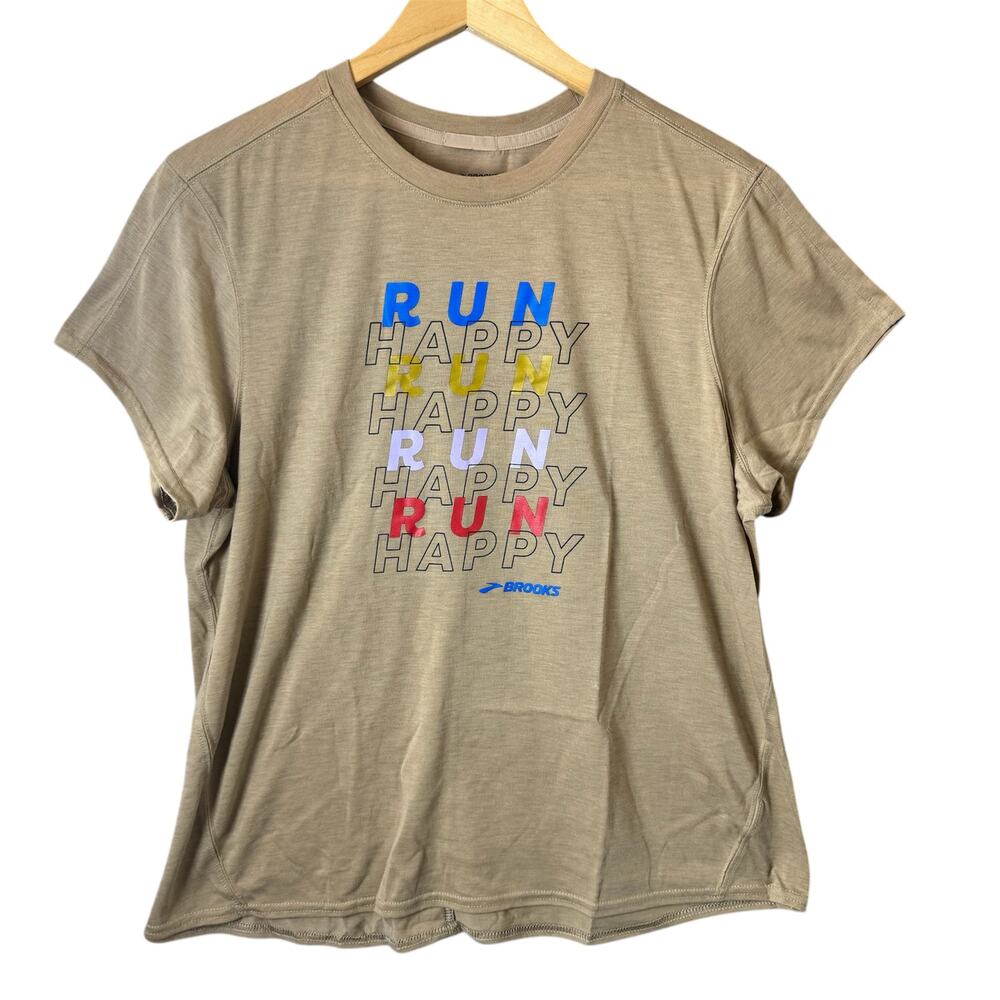 Brooks Graphic T-Shirt Women’s Size XL Brown Run Happy Athletic Activewear Top